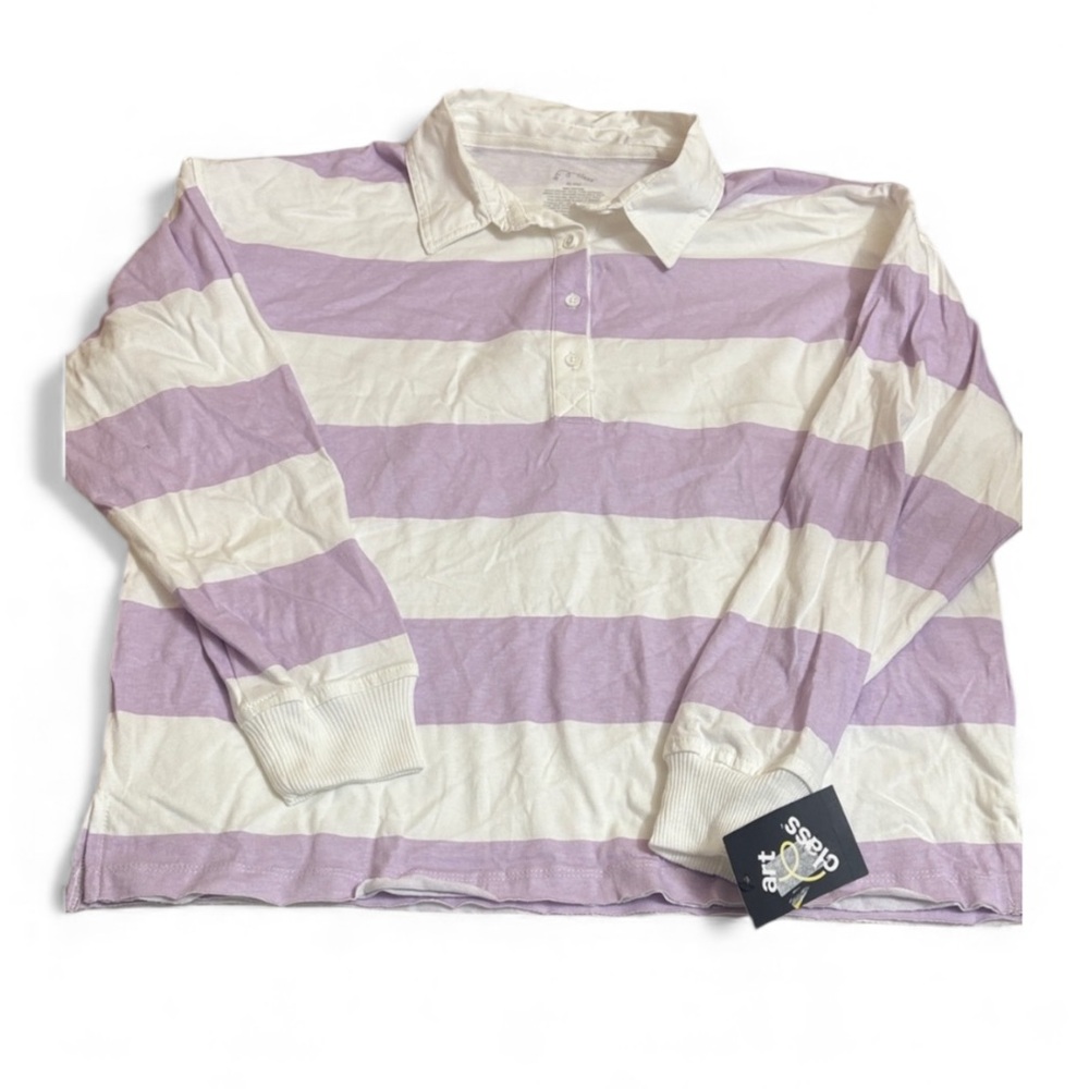 NWT Art Class Lavender And White Stripe Long Sleeve Polo Youth Size 14